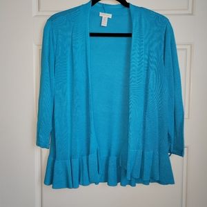 Chico's Blue Ruffled Cardigan/Shrug.  Light, flowy open front. Size 2